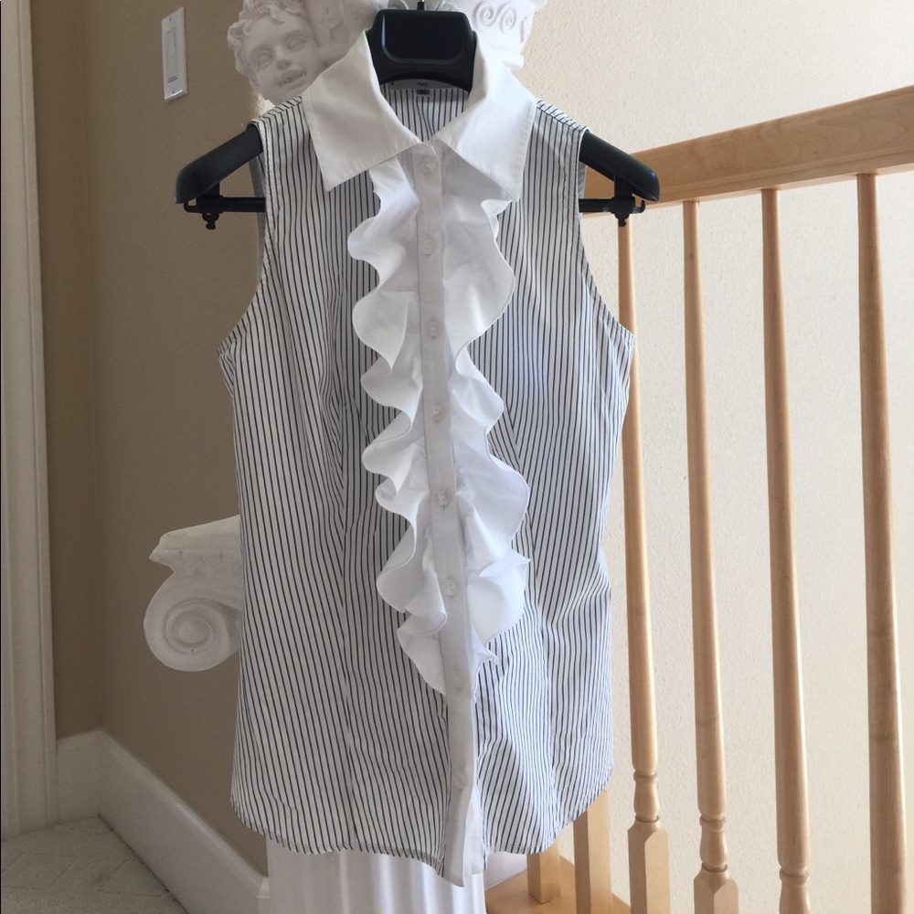 Anne Fontaine Black and White Striped Sleeveless Ruffle Front Blouse